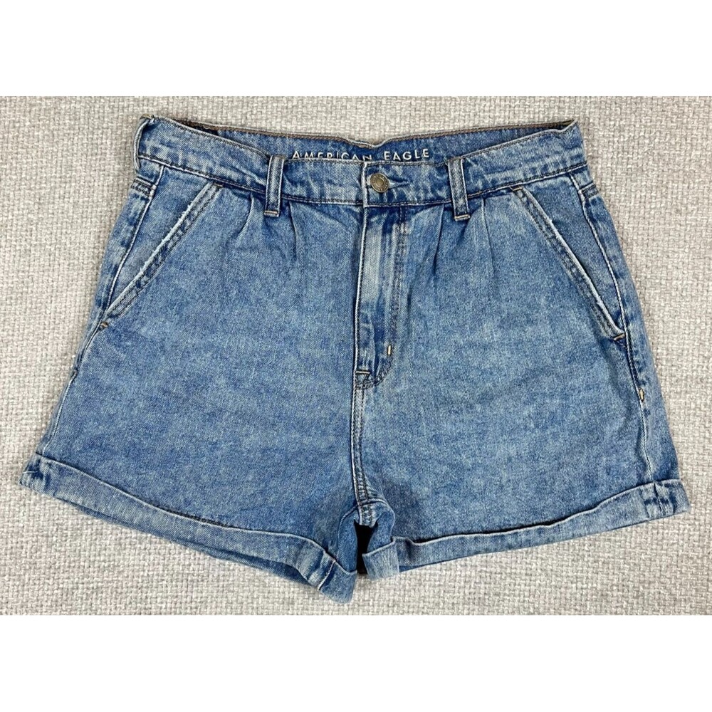 American Eagle Mom Shorts Women's 6 Blue Denim Slash Pockets Pleated